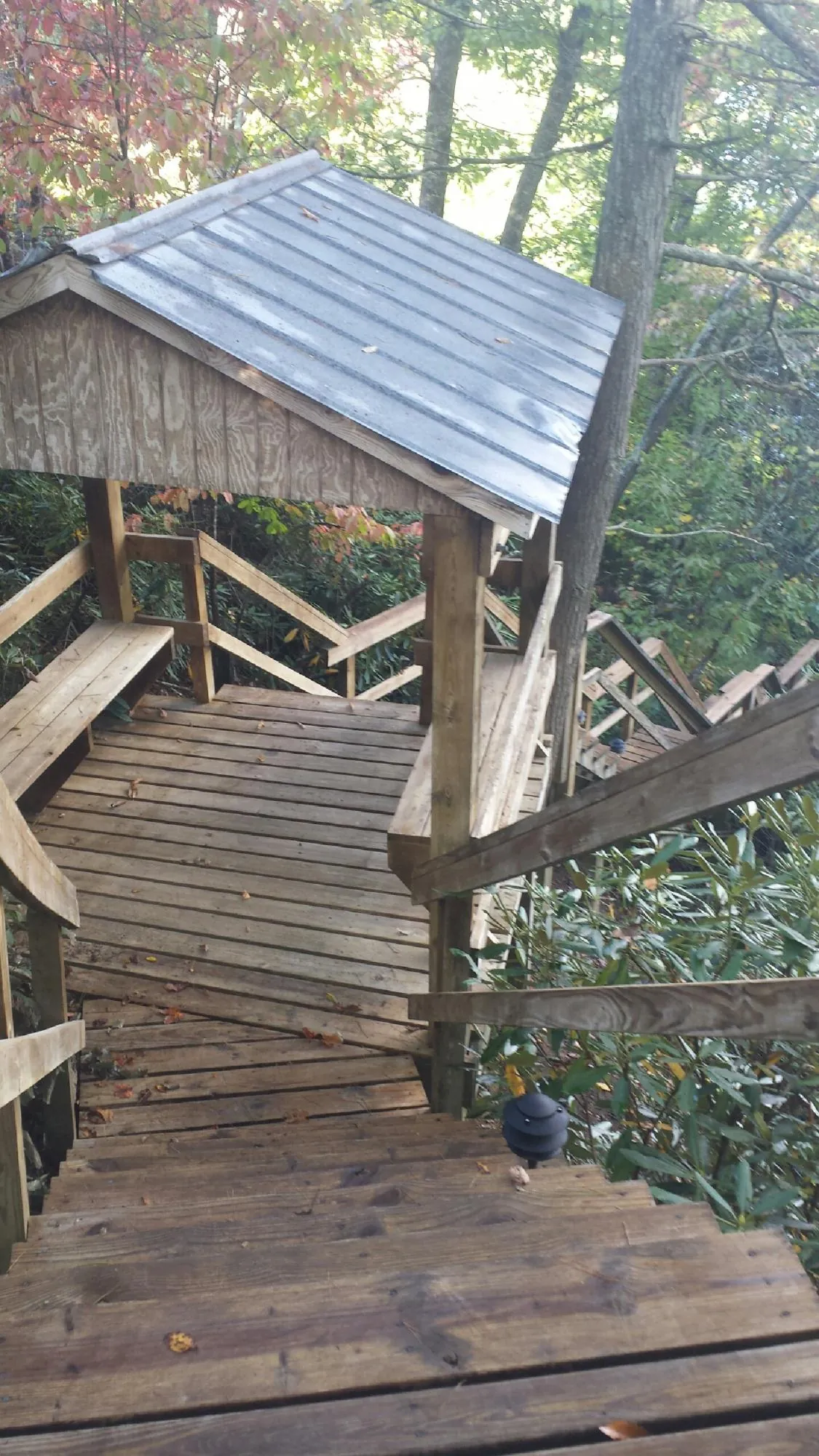 Metal roofed shelter over wooden steps on a wooded walkway — Skylight Repair & Installation work by our crew in Bastrop